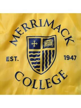 Merrimack College Drawstring Bag Yellow with Blue Lettering Travel Storage Pouch